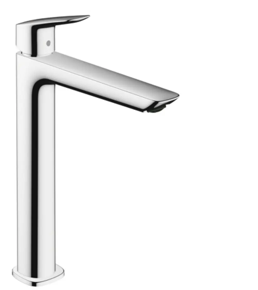 Einhebel-Waschtischmischer aus Chrom von Hansgrohe, geeignet für Aufsatzwaschtische mit Zugstangen-Ablaufgarnitur. Moderner, minimalistischer Designstil.